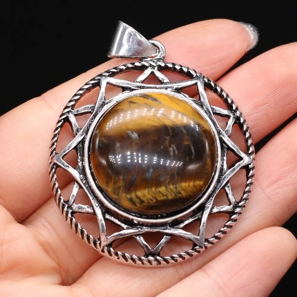 Tiger Eye Natural Stone Round Pendant Necklace Healing Gemstone Big Pendant - Picture 3 of 3